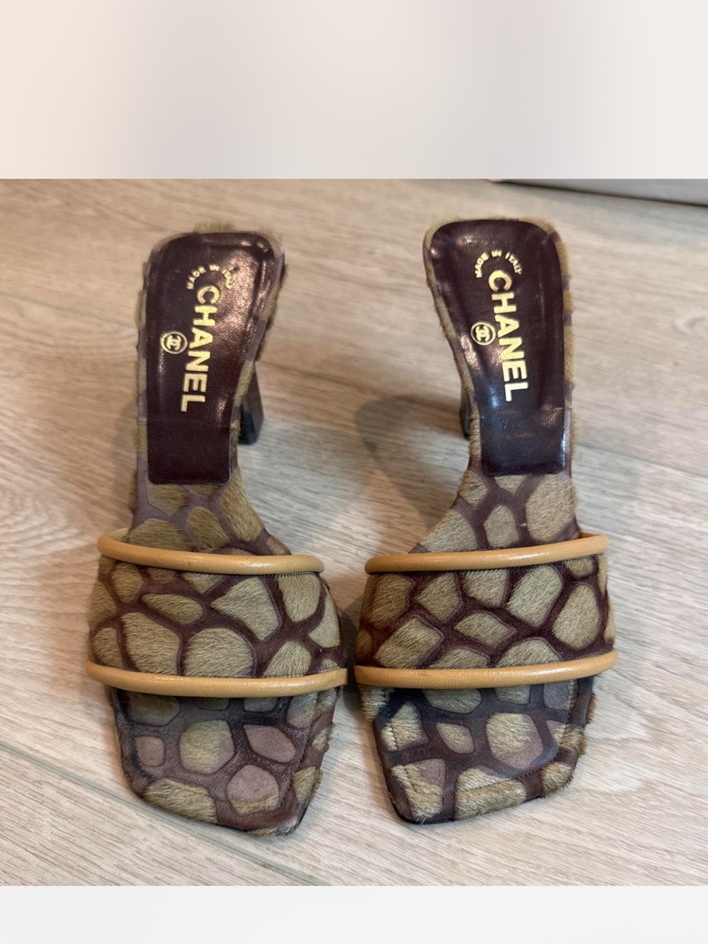 CHANEL Brown Patterned Slide Mules with Tan Trim
